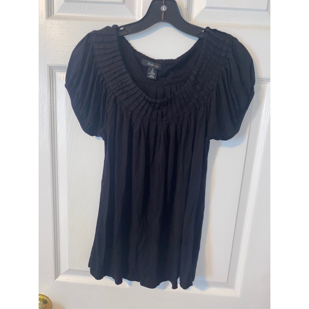 Style & Co Black Pleated Accordion Neck Puff Sleeve Blouse Top Small‎